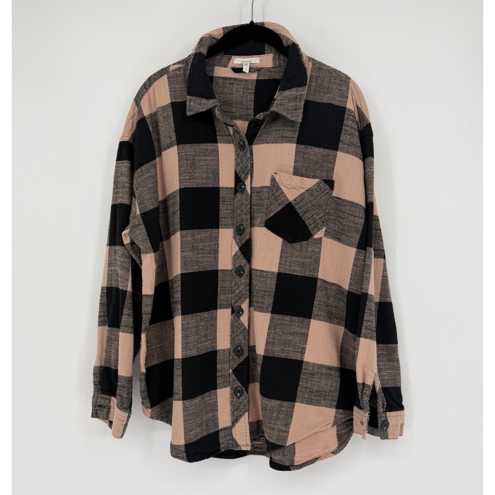 Maurices Womens Buffalo Plaid Button Down Shirt Tan Black Long Sleeve Large